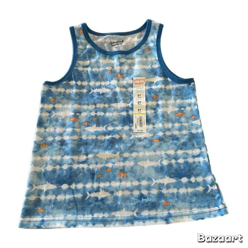 Jumping Beans Fish Print Tank Top Boys 5T Blue New
